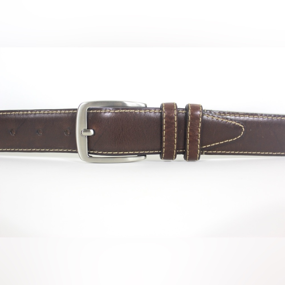 Dark Brown Genuine Leather Belt with Silver Buckle Vintage Men’s Belt Accent